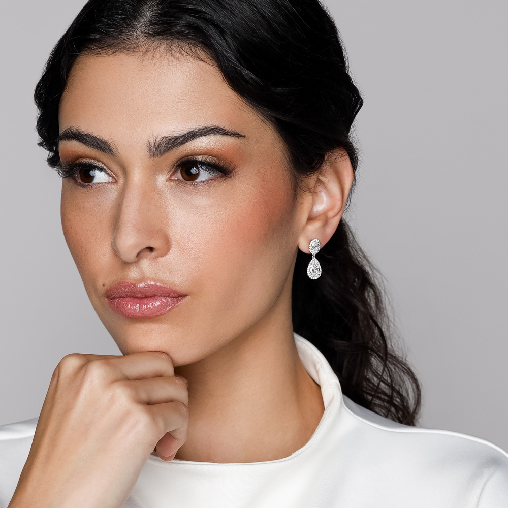 Pear & Oval Diamond with Halo Dangle Earrings in Platinum