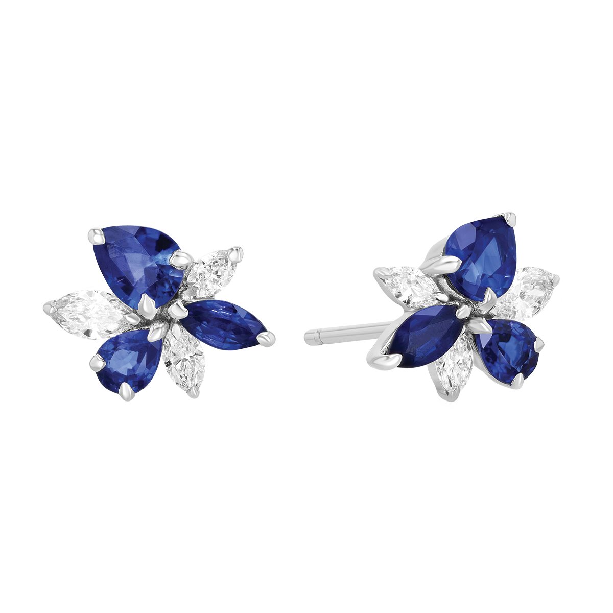 Multi-Shape Sapphire & Marquise Diamond Floral Cluster Stud Earrings in White Gold
