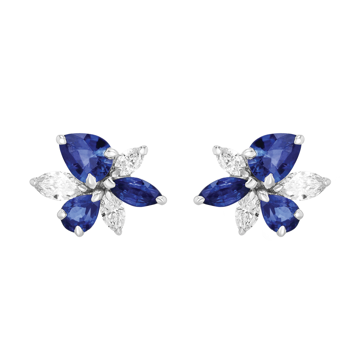 Multi-Shape Sapphire & Marquise Diamond Floral Cluster Stud Earrings in White Gold