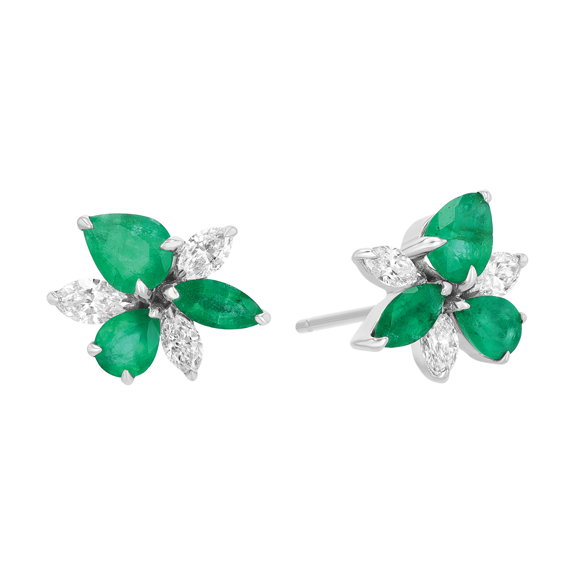 Emerald & Diamond Blossom Post Earrings in White Gold