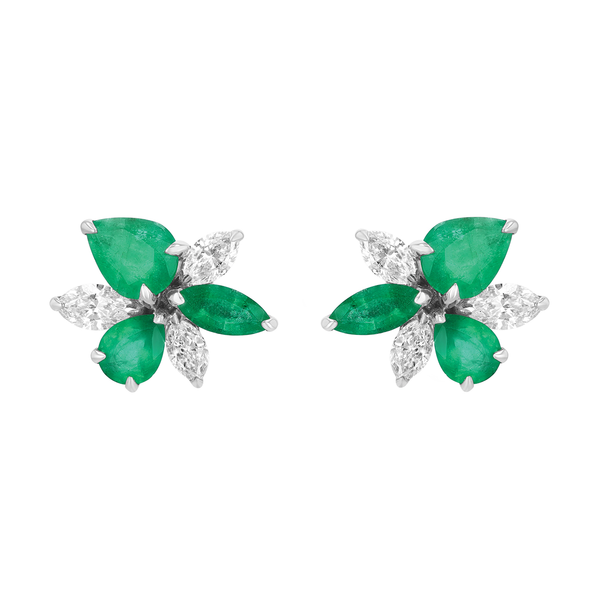 Emerald & Diamond Blossom Post Earrings in White Gold