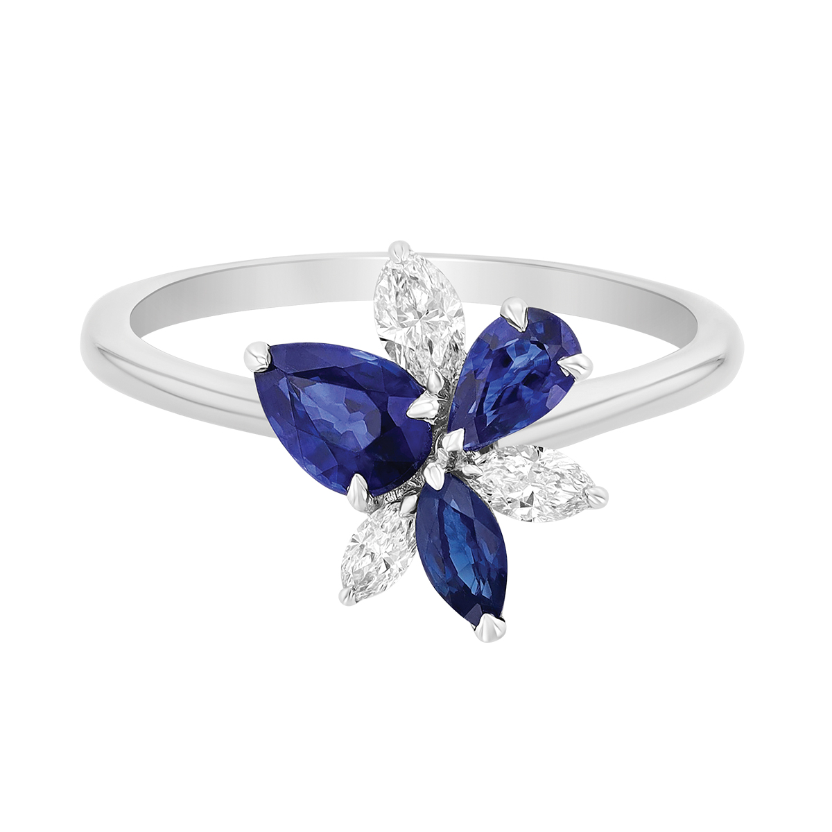 Multi-Shape Sapphire & Marquise Diamond Floral Cluster Ring in White Gold