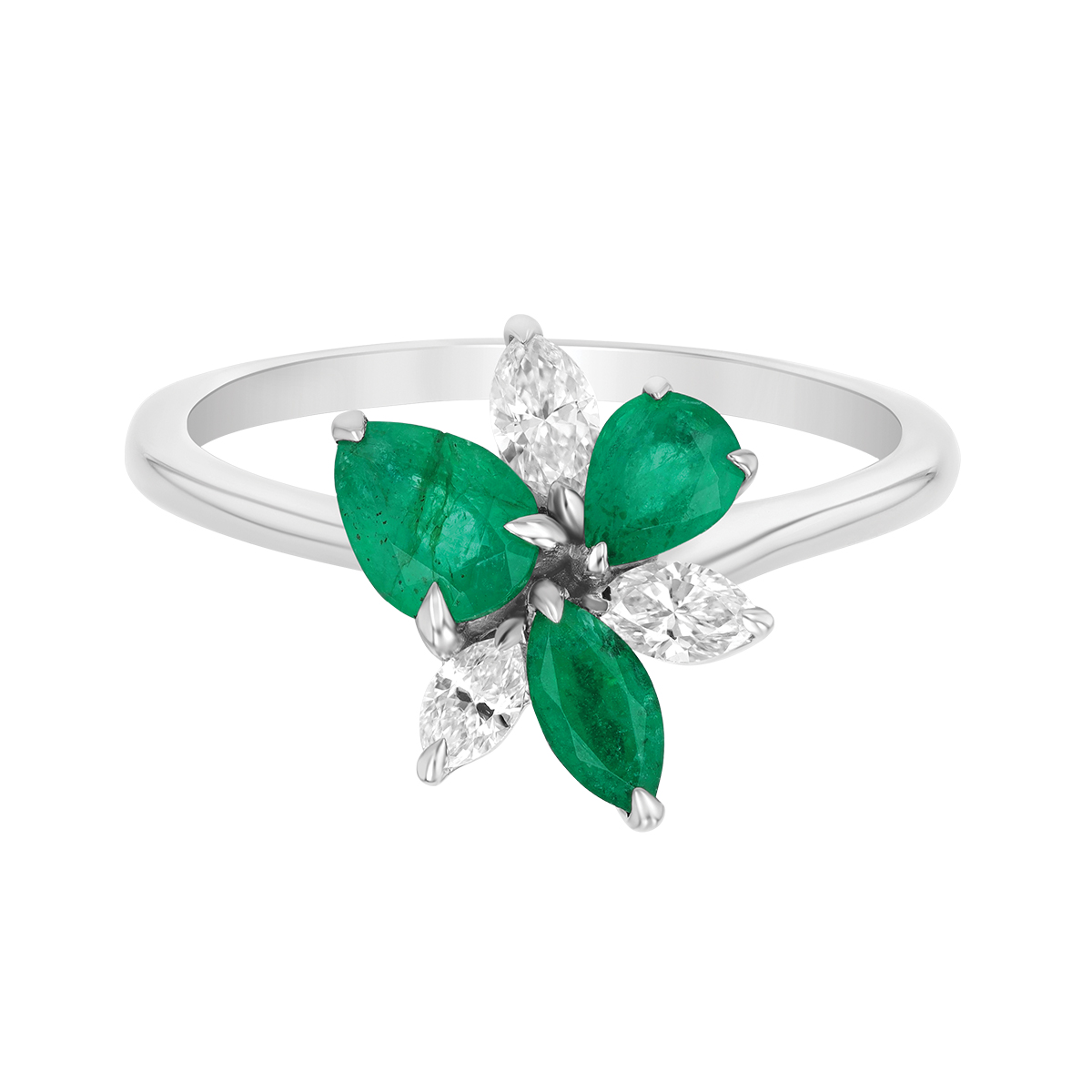 Multi-Shape Emerald & Marquise Diamond Floral Cluster Ring in White Gold