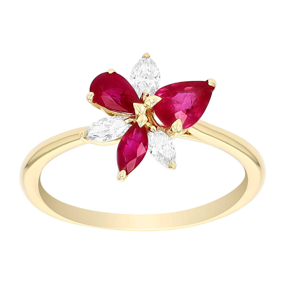 Multi-Shape Ruby & Marquise Diamond Floral Cluster Ring in Yellow Gold