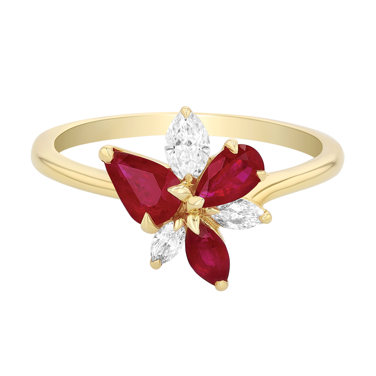 Multi-Shape Ruby & Marquise Diamond Floral Cluster Ring in Yellow Gold