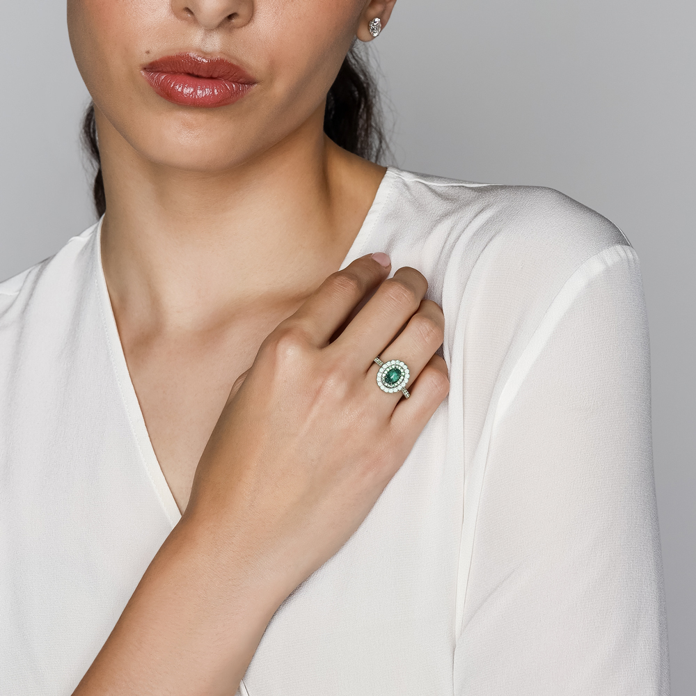 OMI Privé Paraiba Tourmaline Cabochon Ring with Tsavorite & Demantoid Garnet Halo in Platinum