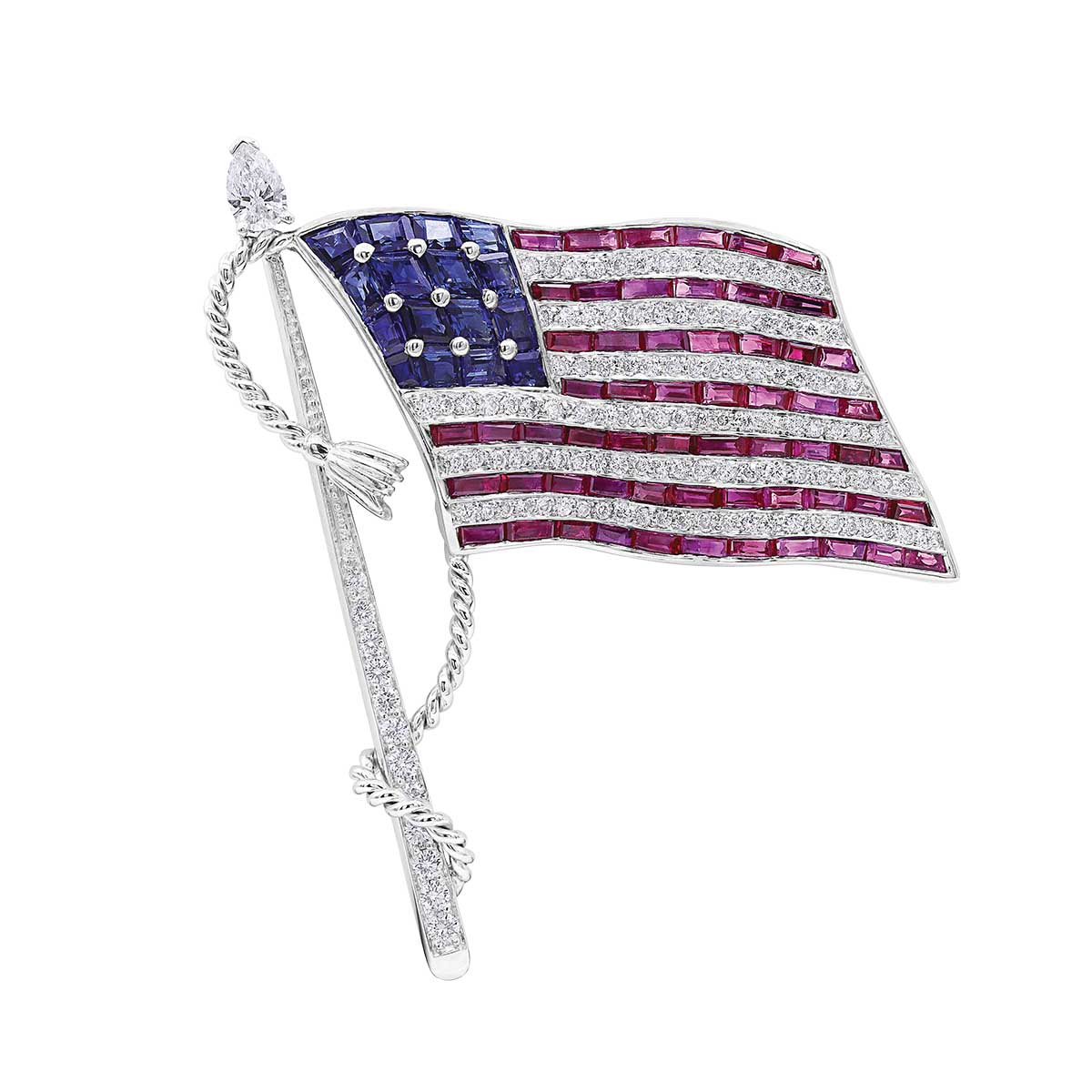 Oscar Heyman Mixed Gemstone & Diamond American Flag Pin in Platinum