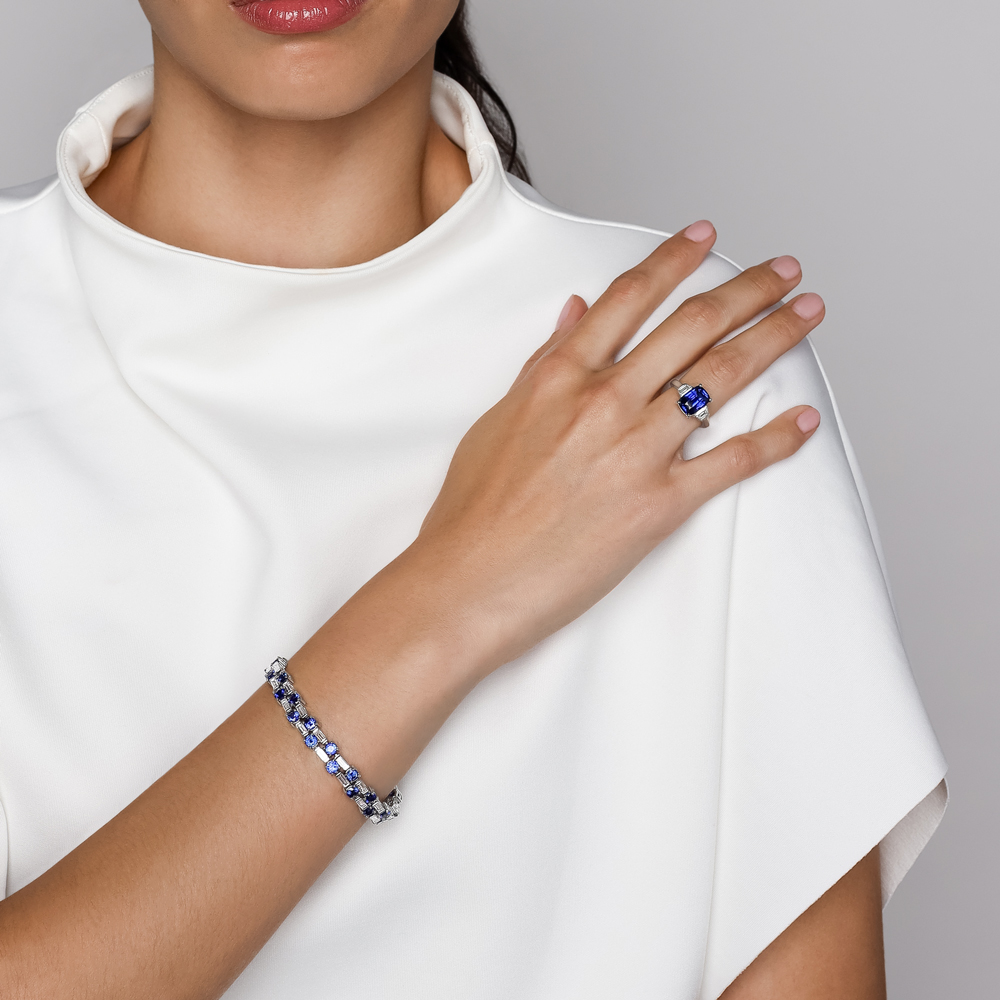 Oscar Heyman Round Sapphire & Baguette Diamond Two Row Tennis Bracelet in Platinum