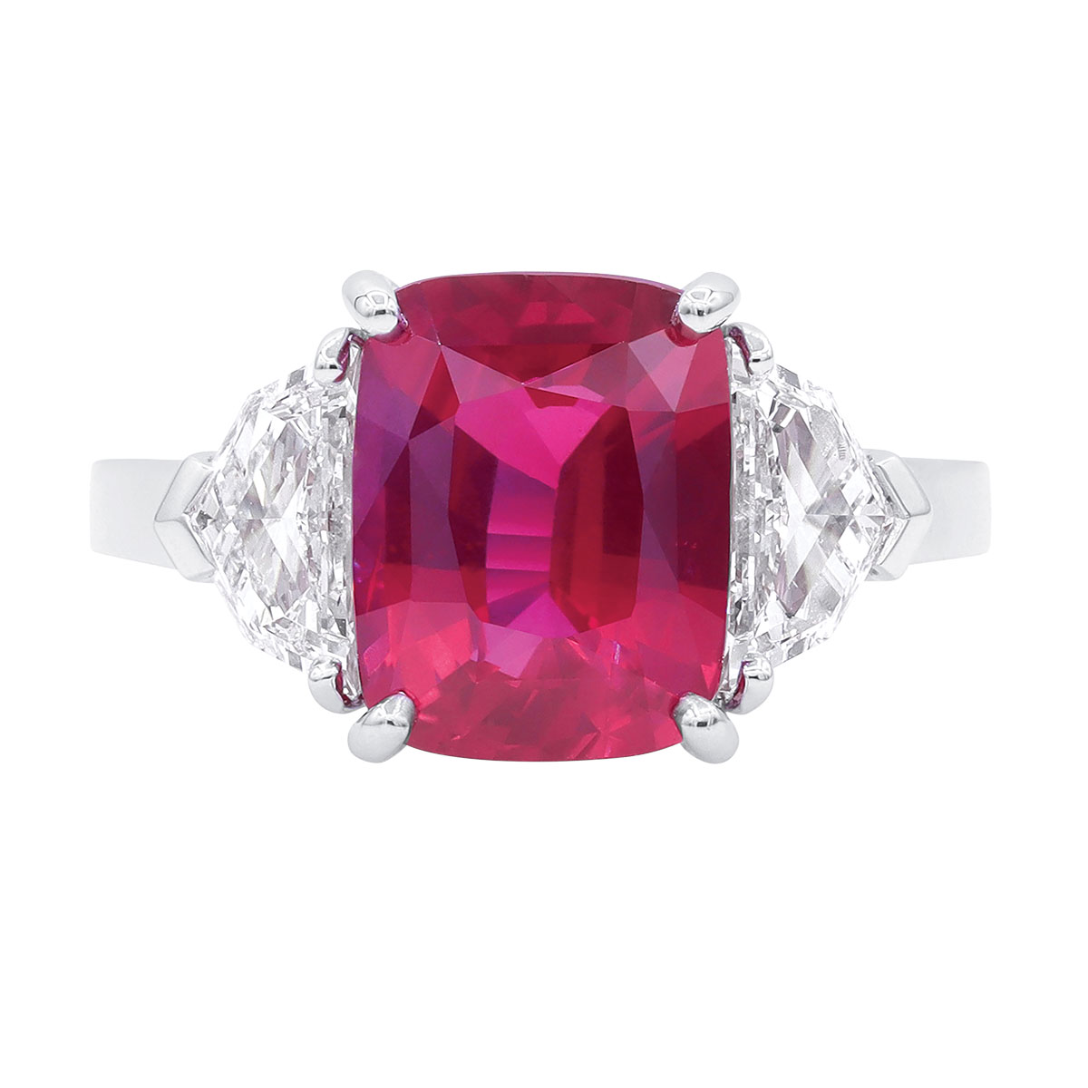 Oscar Heyman Cushion Cut Ruby & Trapezoid Diamond 3 Stone Ring in Platinum