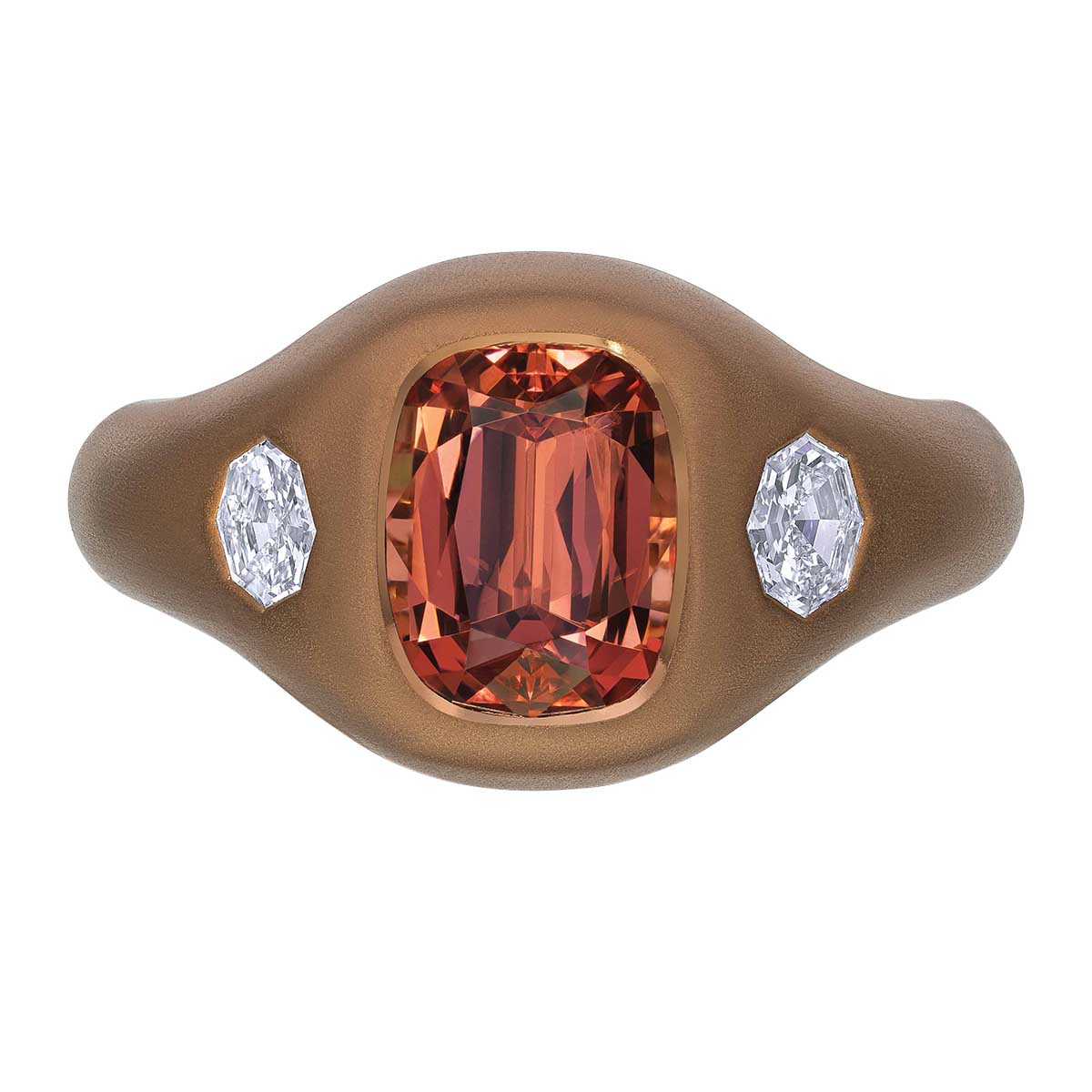 Omi Prive Bezel Set Cushion Cut Orange Garnet & Diamond Signet Ring in Brown Rhodium Yellow Gold