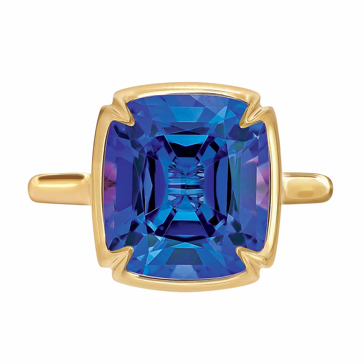 Omi Prive Dore Cushion Cut Tanzanite Ring in Yellow Gold