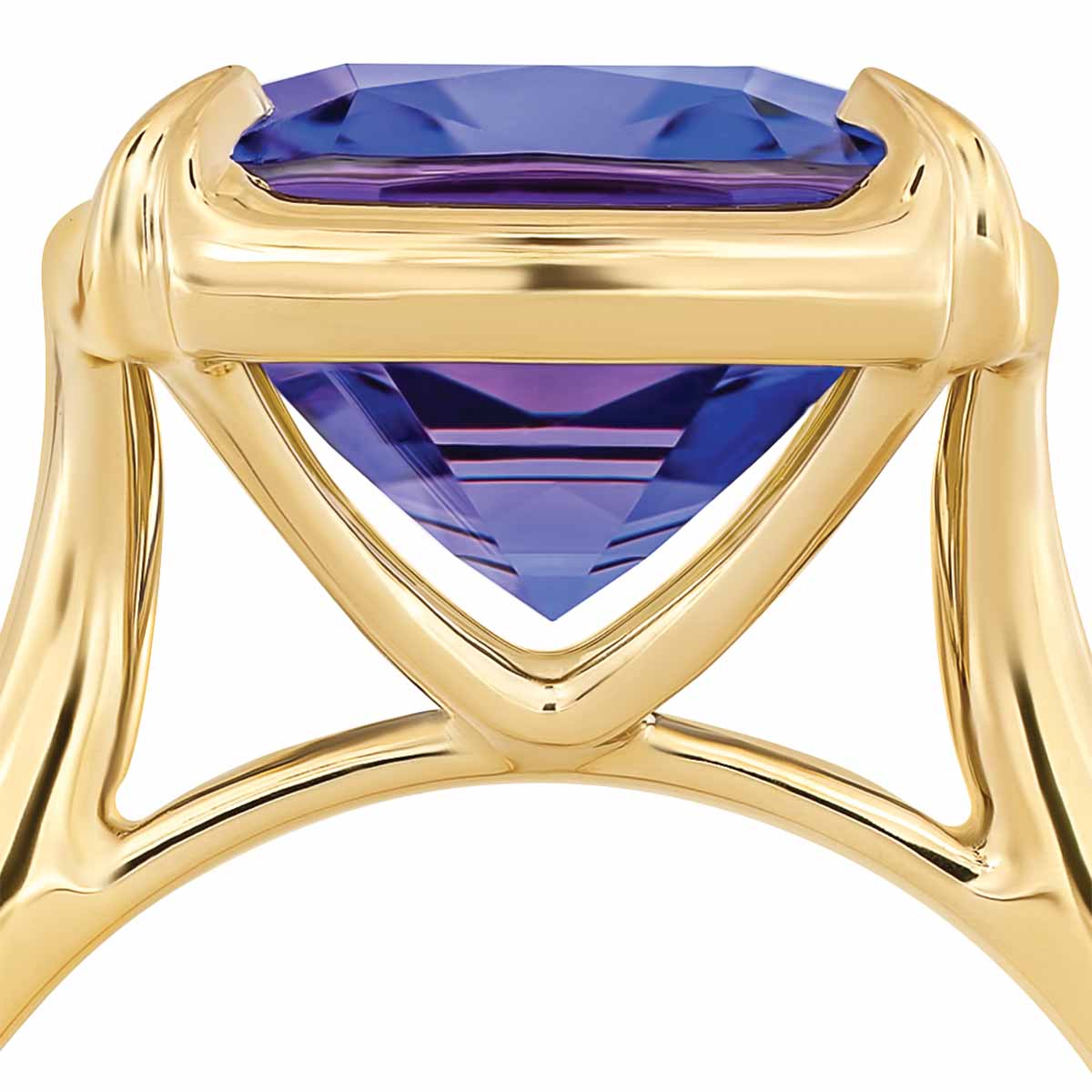 Omi Prive Dore Cushion Cut Tanzanite Ring in Yellow Gold
