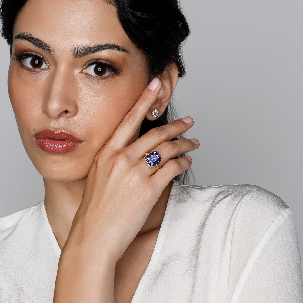 Omi Prive Dore Cushion Cut Tanzanite Ring in Yellow Gold