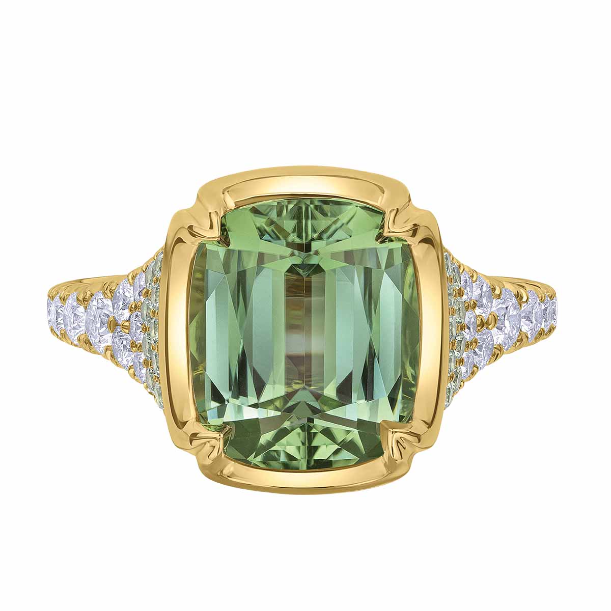 Omi Prive Dore Cushion Cut Tourmaline, Demantoid Garnet, & Diamond Ring in Yellow Gold