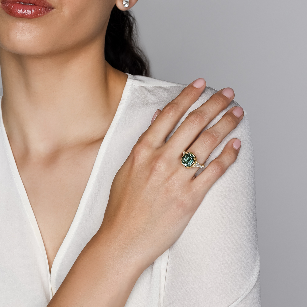Omi Prive Dore Cushion Cut Tourmaline, Demantoid Garnet, & Diamond Ring in Yellow Gold