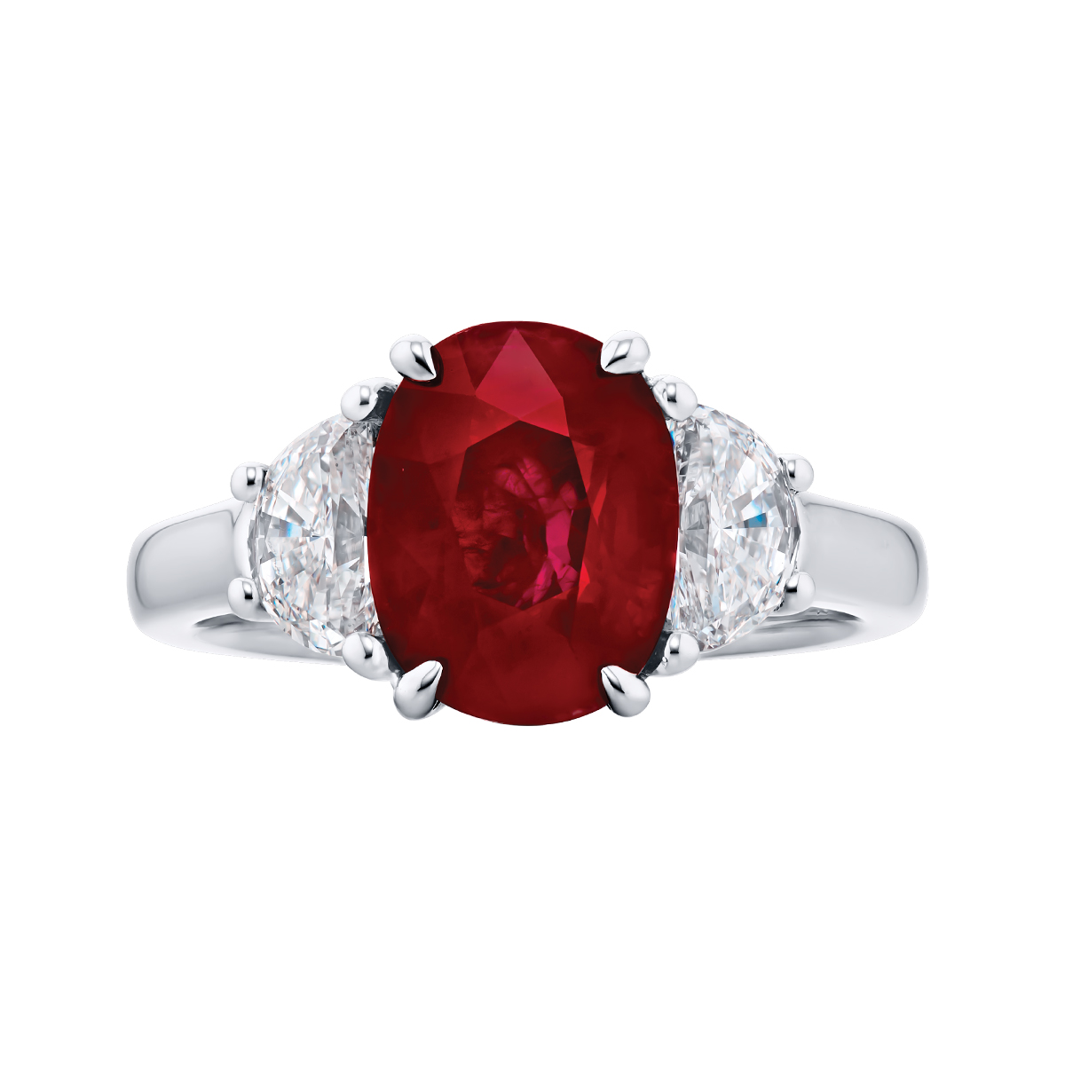 J.B. Star Oval Ruby & Half Moon Diamond 3 Stone Ring in Platinum