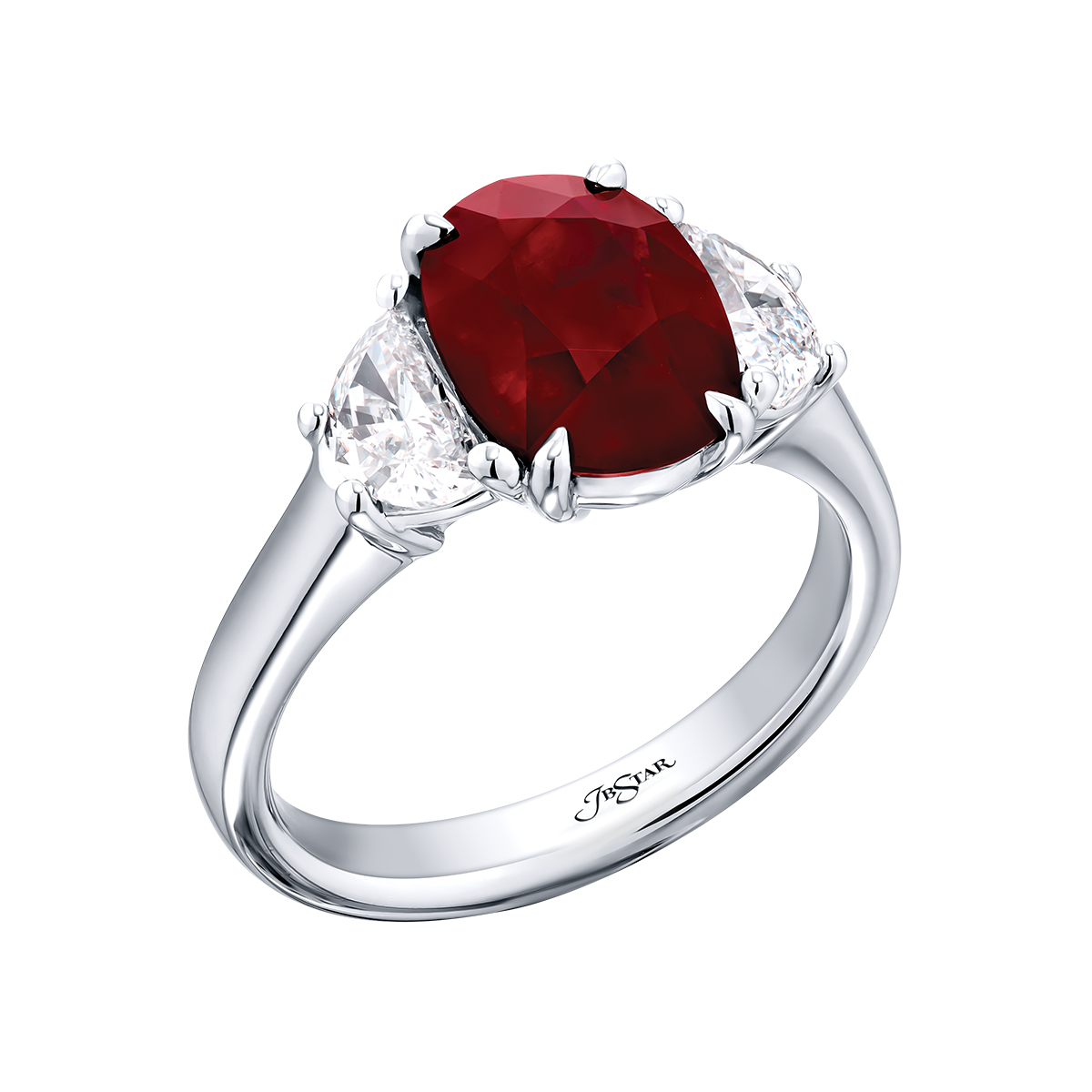 J.B. Star Oval Ruby & Half Moon Diamond 3 Stone Ring in Platinum
