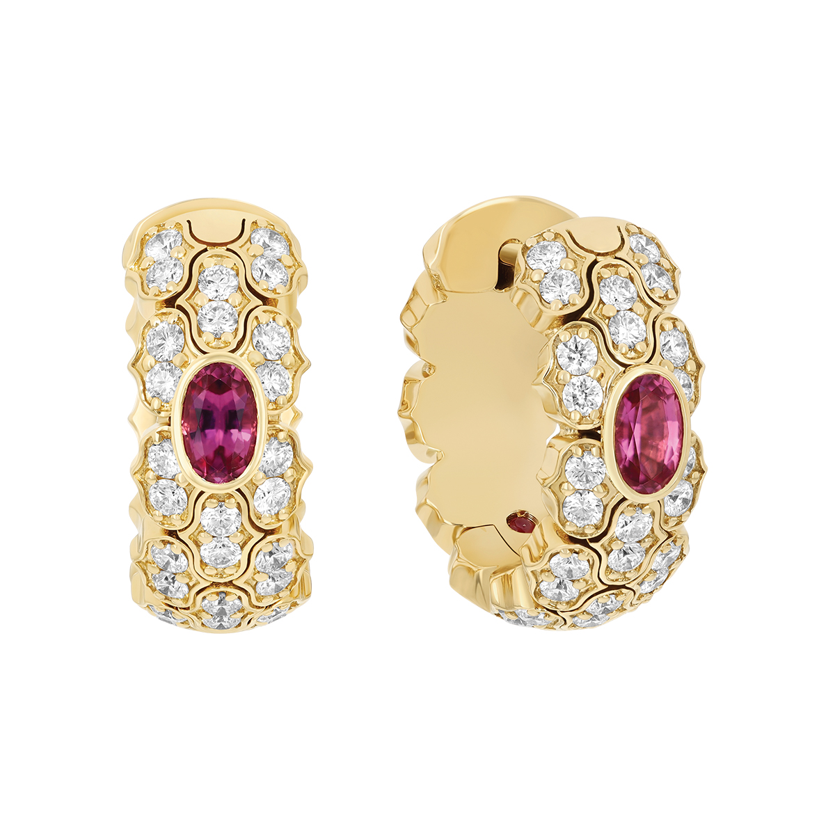 Roberto Coin Cobra Rubellite Tourmaline & Diamond Pavé Hoop Earrings in Yellow Gold