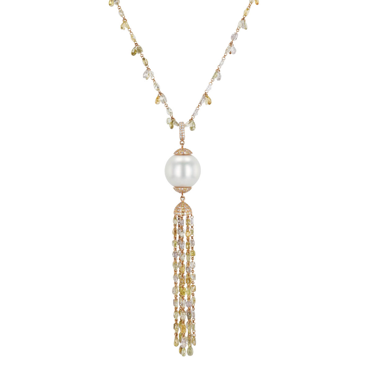TARA Pearls South Sea Cultured Pearl & Multicolor Diamond Tassel Necklace in Rose Gold, 26