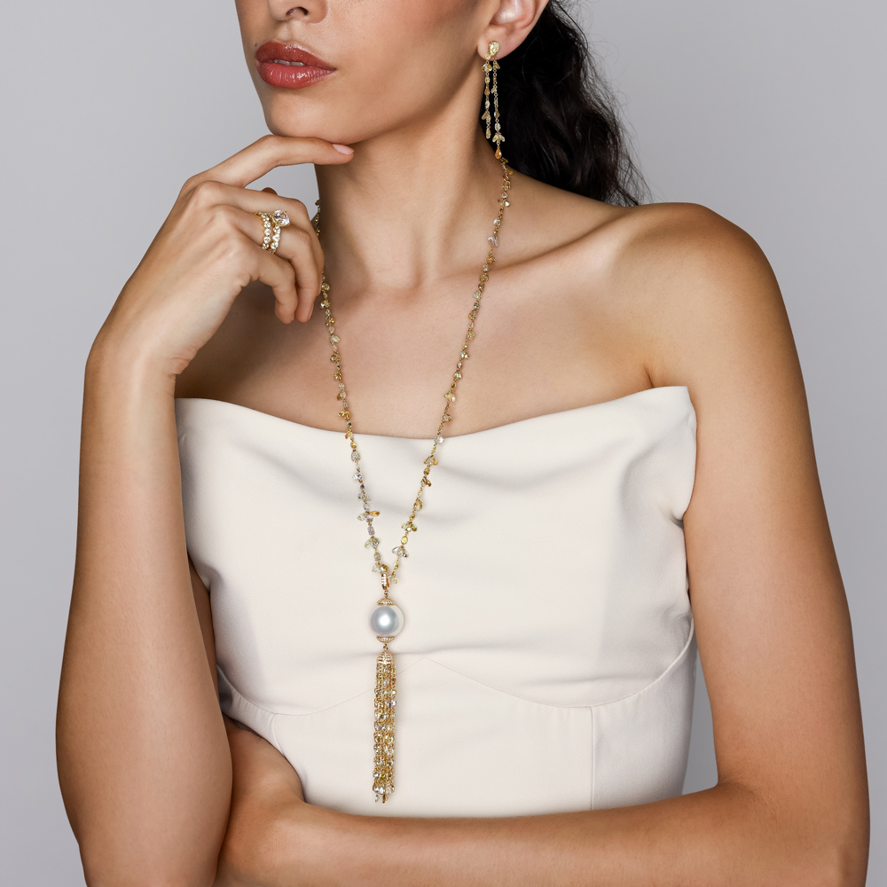 TARA Pearls South Sea Cultured Pearl & Multicolor Diamond Tassel Necklace in Rose Gold, 26