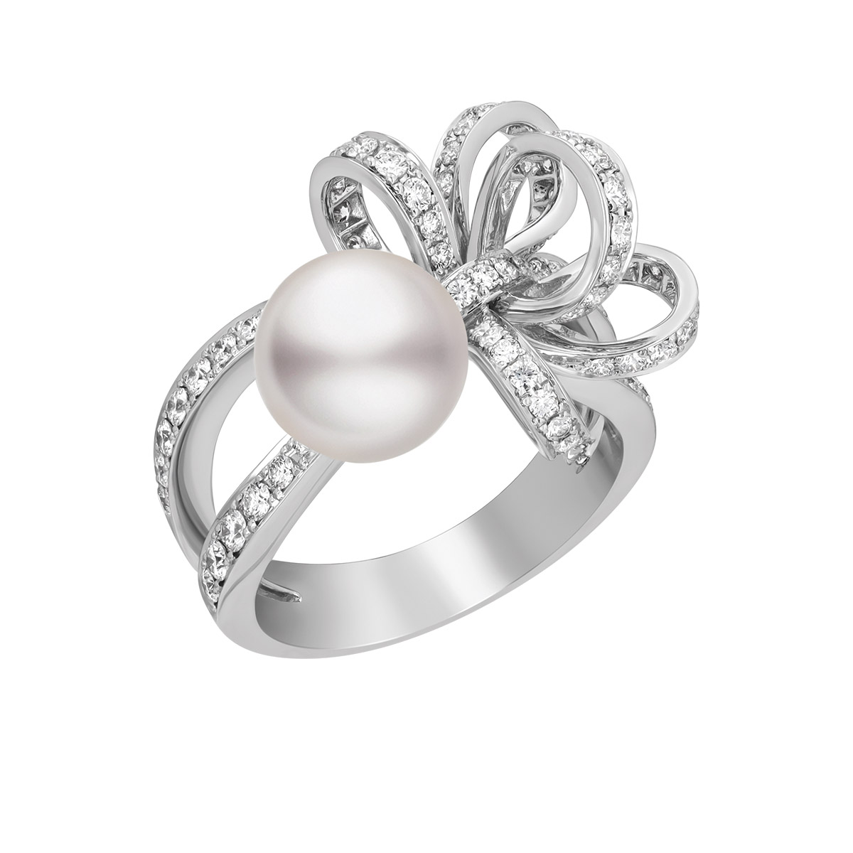 Mikimoto Jeux de Rubans Akoya Cultured Pearl & Diamond Bow Ring in White Gold, Size 6.5