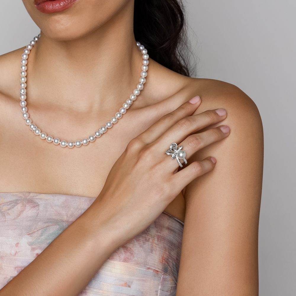 Mikimoto Jeux de Rubans Akoya Cultured Pearl & Diamond Bow Ring in White Gold, Size 6.5