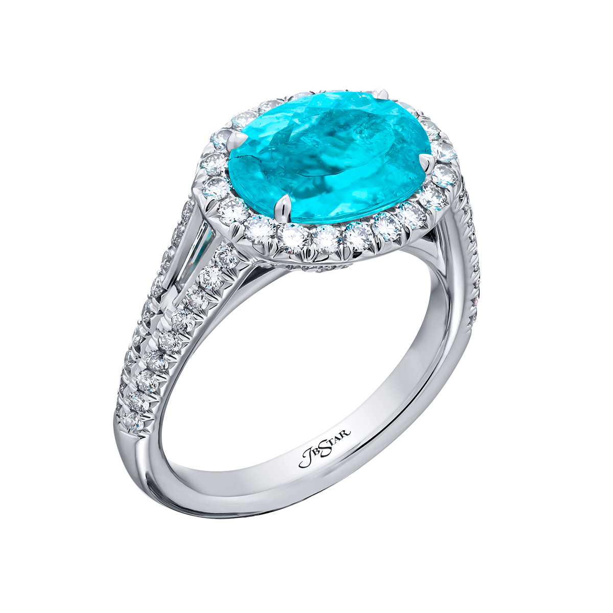 J.B. Star Oval Paraiba Tourmaline & Diamond Halo Ring in Platinum