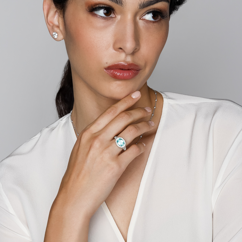 J.B. Star Oval Paraiba Tourmaline & Diamond Halo Ring in Platinum