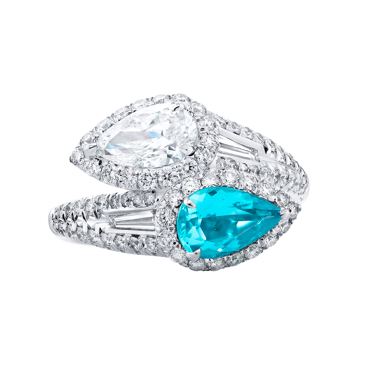 J.B. Star Pear Shape Paraiba Tourmaline & Diamond Bypass Ring in Platinum