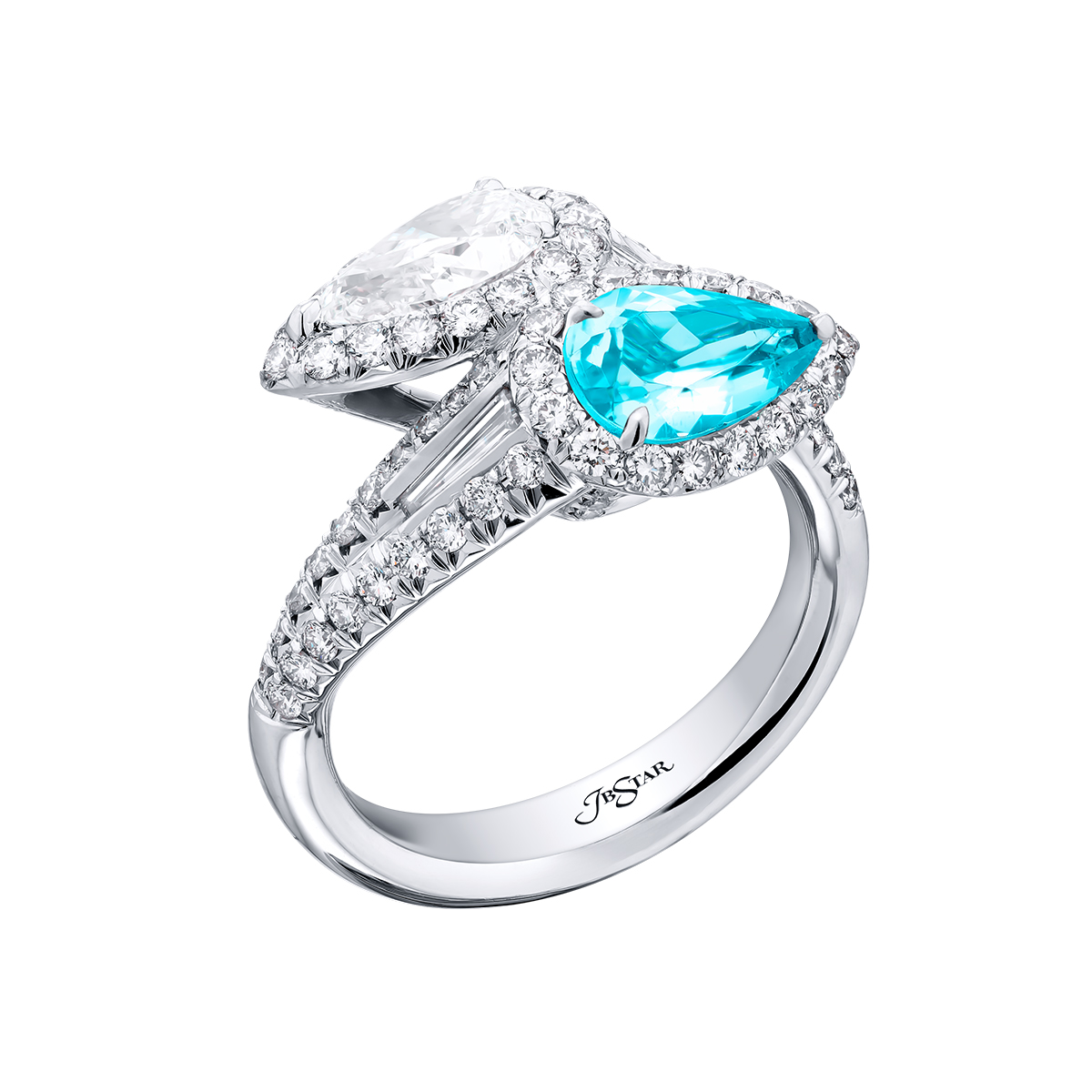 J.B. Star Pear Shape Paraiba Tourmaline & Diamond Bypass Ring in Platinum