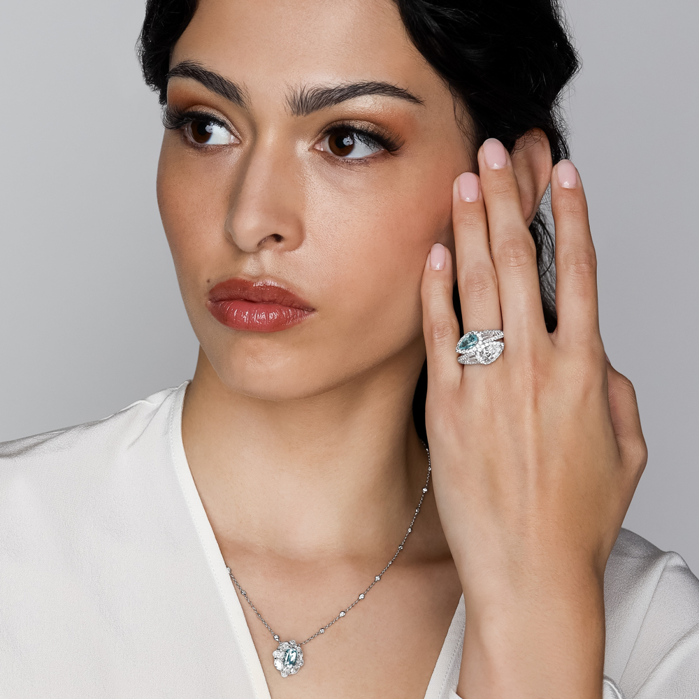 J.B. Star Pear Shape Paraiba Tourmaline & Diamond Bypass Ring in Platinum