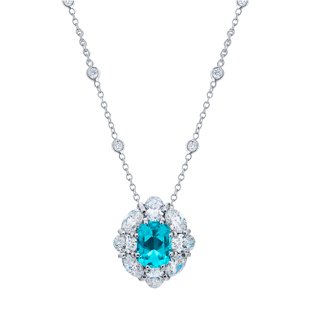 J.B. Star Cushion Cut Paraiba Tourmaline & Oval Diamond Halo Necklace in Platinum, 18
