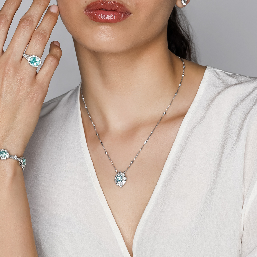 J.B. Star Cushion Cut Paraiba Tourmaline & Oval Diamond Halo Necklace in Platinum, 18