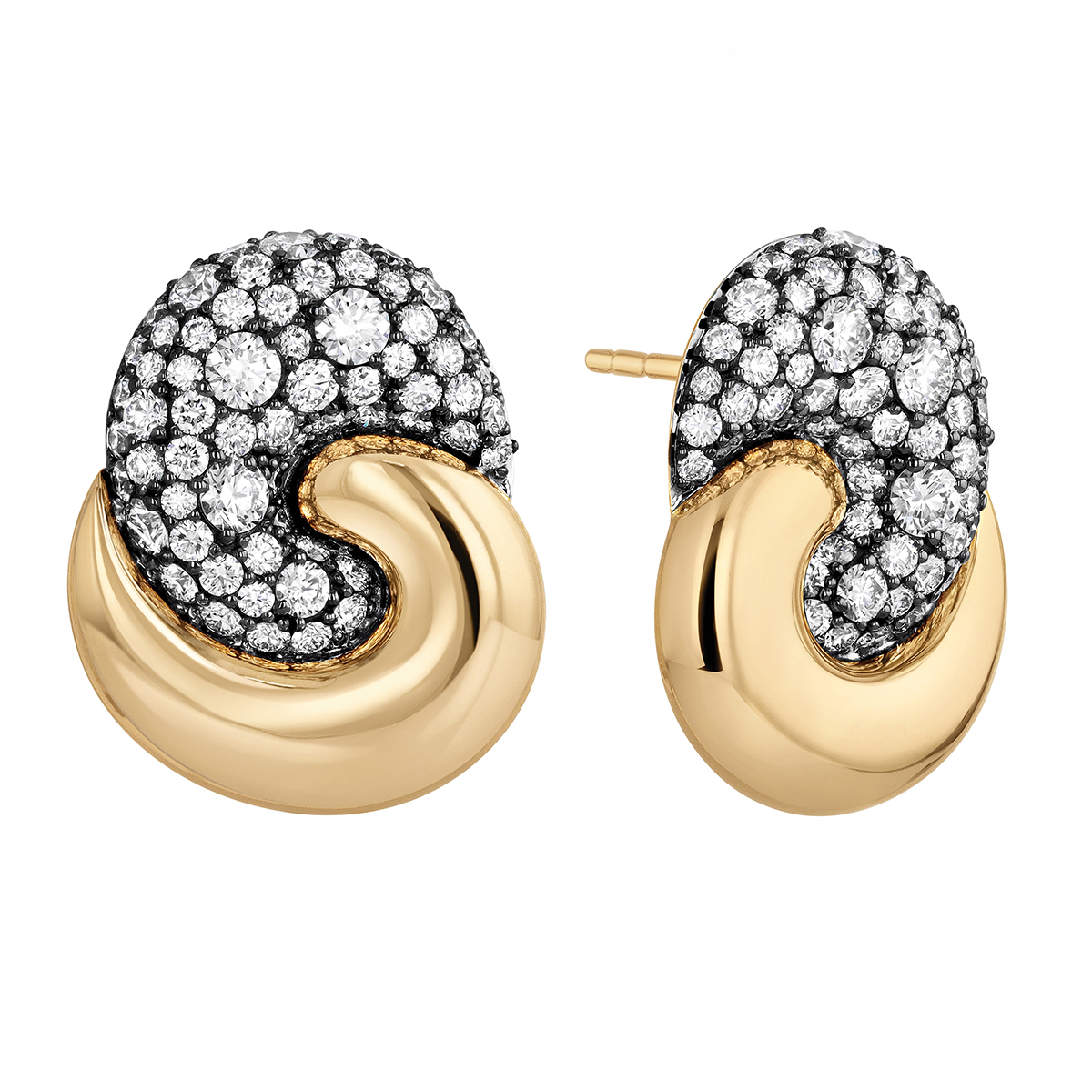Phillips House Relevé Duet Diamond Pavé Swirl Small Drop Earrings in Black Rhodium & Yellow Gold