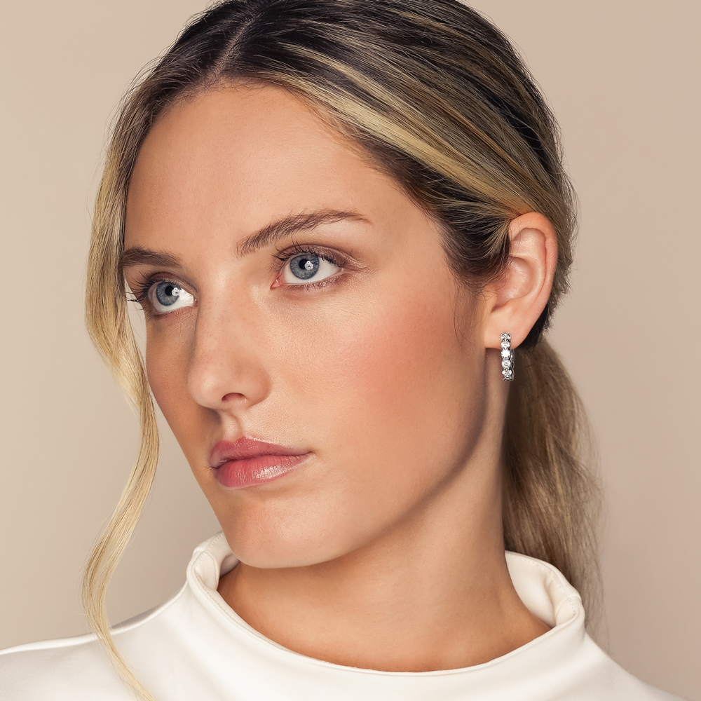 Diamond Shared Prong Huggie Hoop Earrings in White Gold, 1.90 aptw