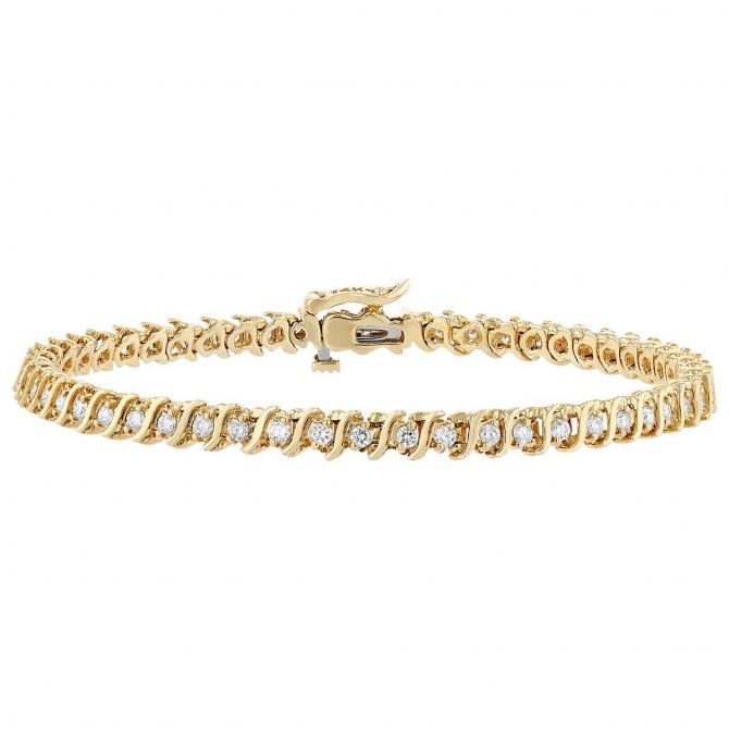 Diamond 'S' Link Prong Set Tennis Bracelet in Yellow Gold, 1.15 aptw