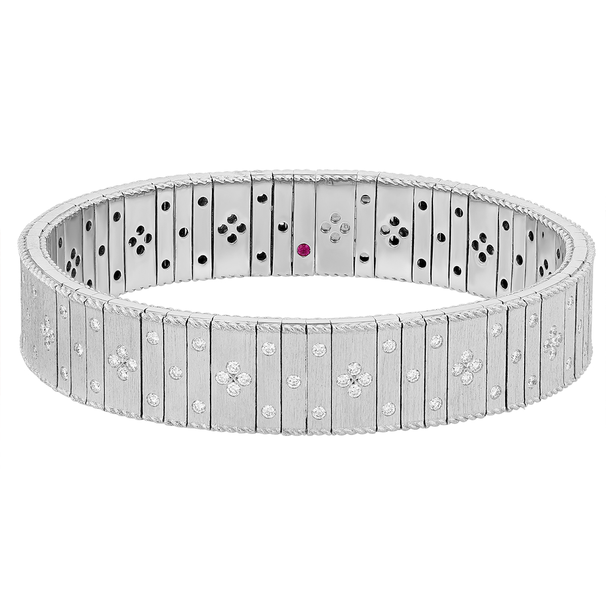 Roberto Coin Princess White Gold Satin Finish Wide Flexible Bracelet with White Fleur De Lis Diamond