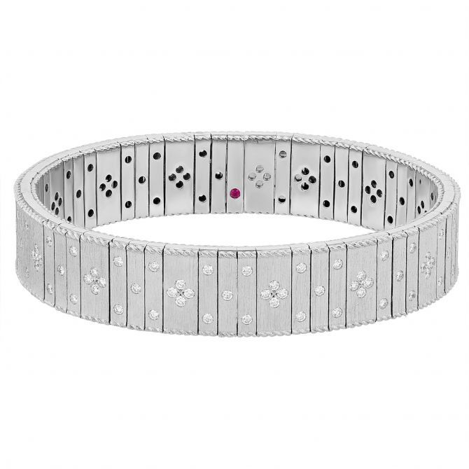 Roberto Coin Princess White Gold Satin Finish Wide Flexible Bracelet with White Fleur De Lis Diamond
