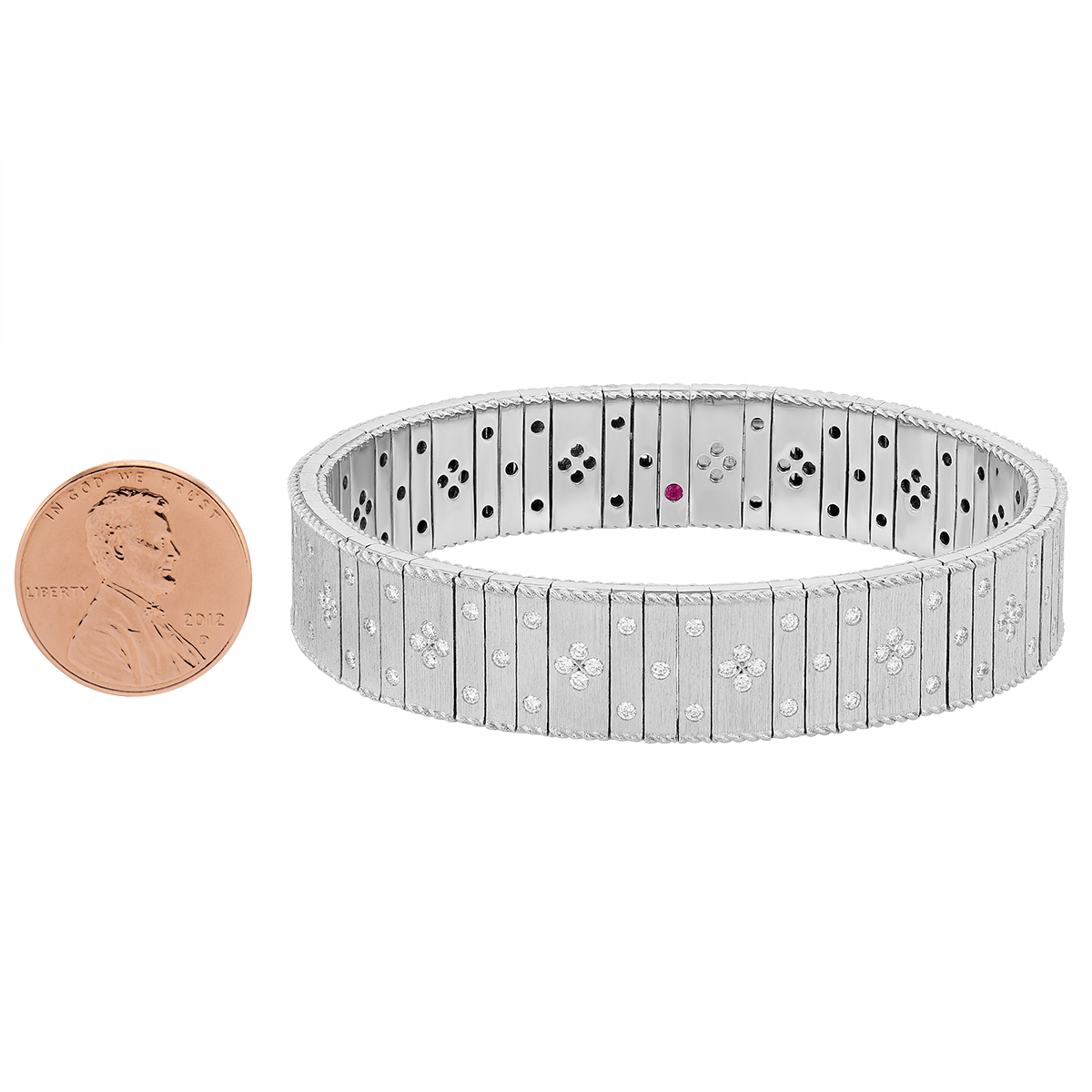 Roberto Coin Princess White Gold Satin Finish Wide Flexible Bracelet with White Fleur De Lis Diamond