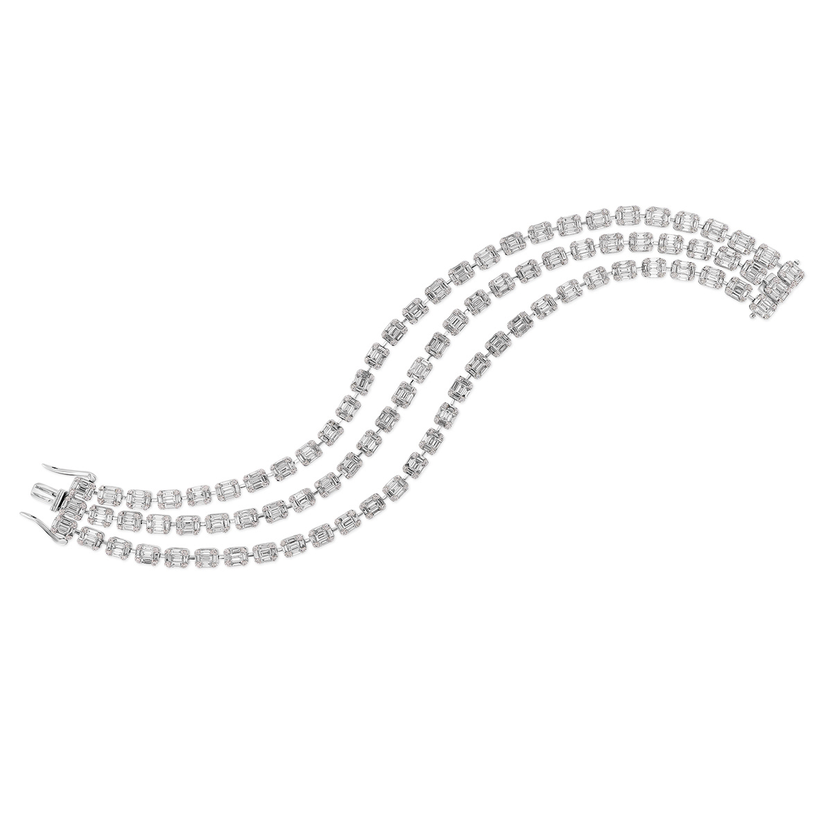 Baguette & Round Diamond Illusion 3 Row Bracelet in White Gold, 7