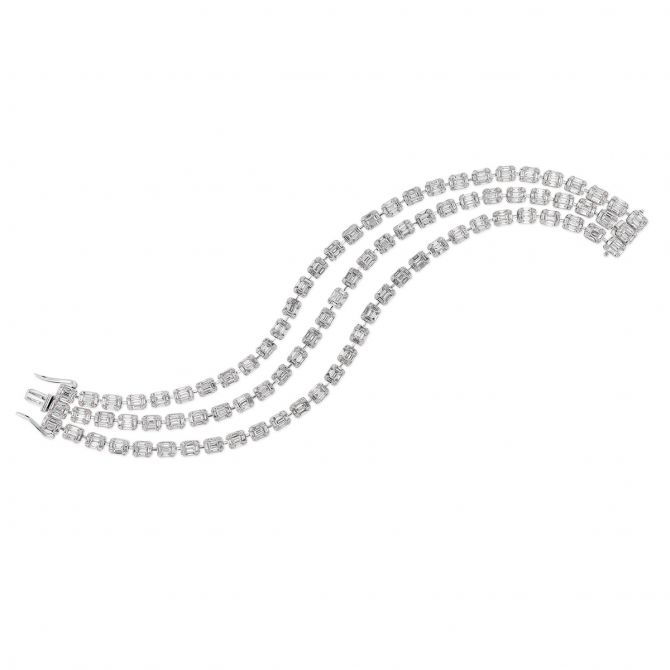 Baguette & Round Diamond Illusion 3 Row Bracelet in White Gold, 7"