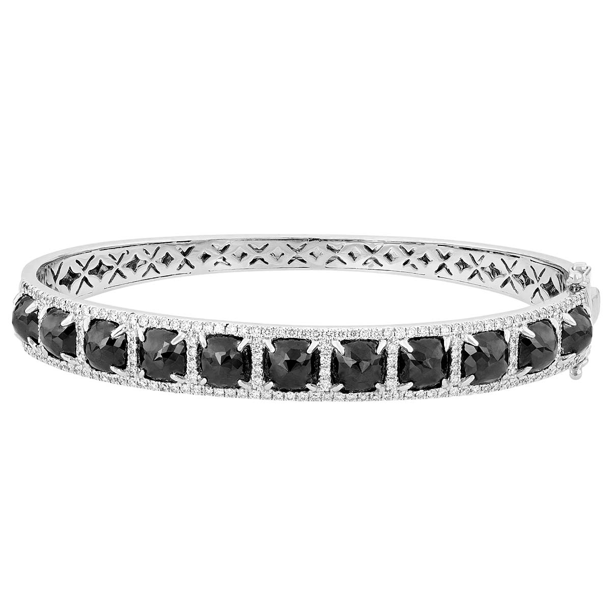 Rose Cut Black & White Diamond Hinged Bangle Bracelet in White Gold