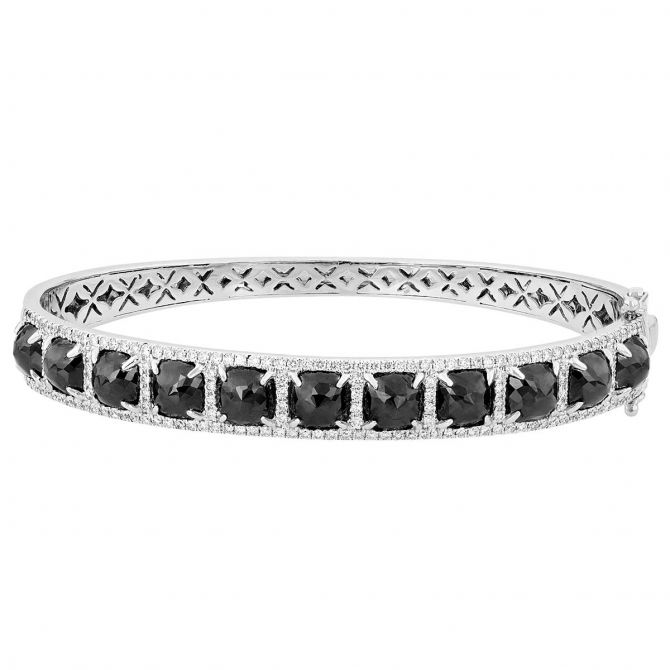 Rose Cut Black & White Diamond Hinged Bangle Bracelet in White Gold