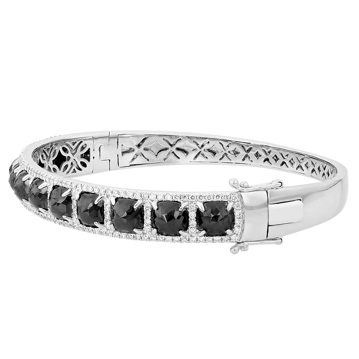 Rose Cut Black & White Diamond Hinged Bangle Bracelet in White Gold