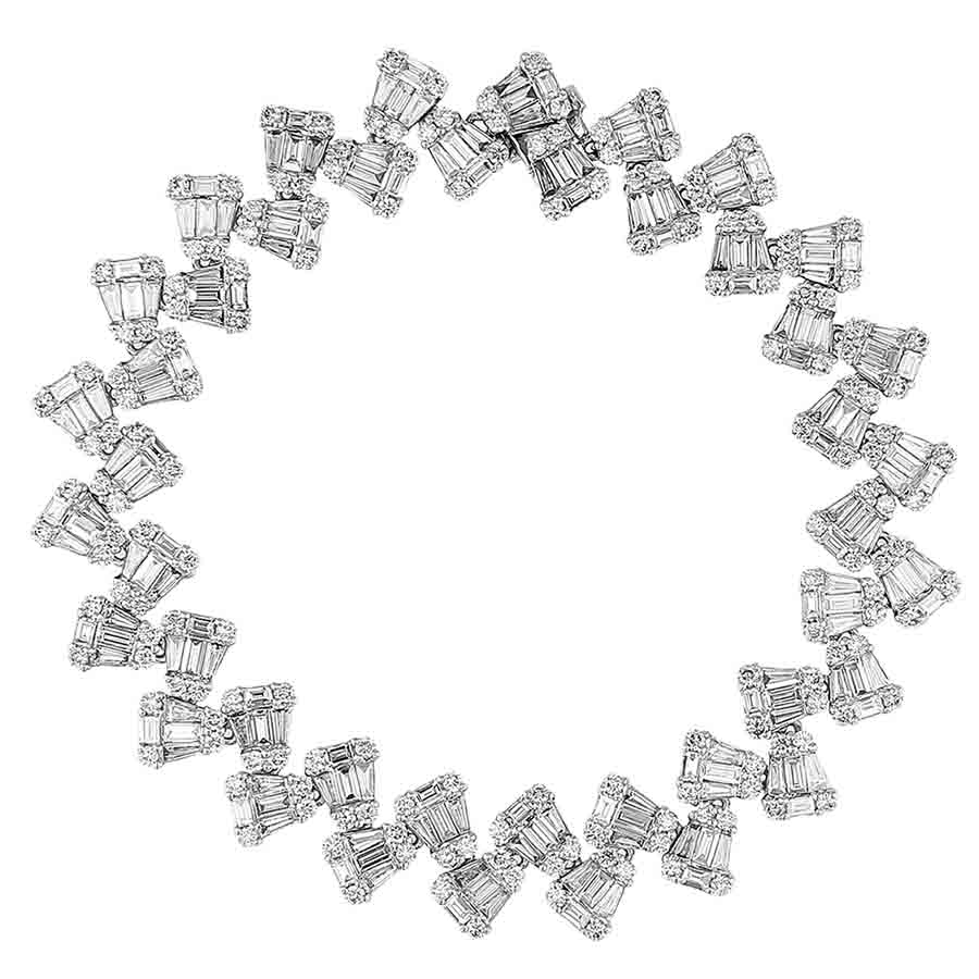 Baguette & Round Diamond Mosaic Offset Bracelet in White Gold