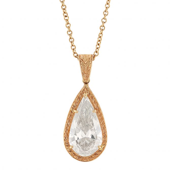 Pear Shaped Diamond Engraved Pendant in Rose Gold, 18"