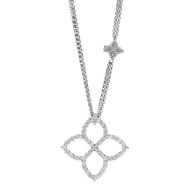 Roberto Coin Princess Flower Diamond Pendant with Flower Chain Accent in White Gold, 33"