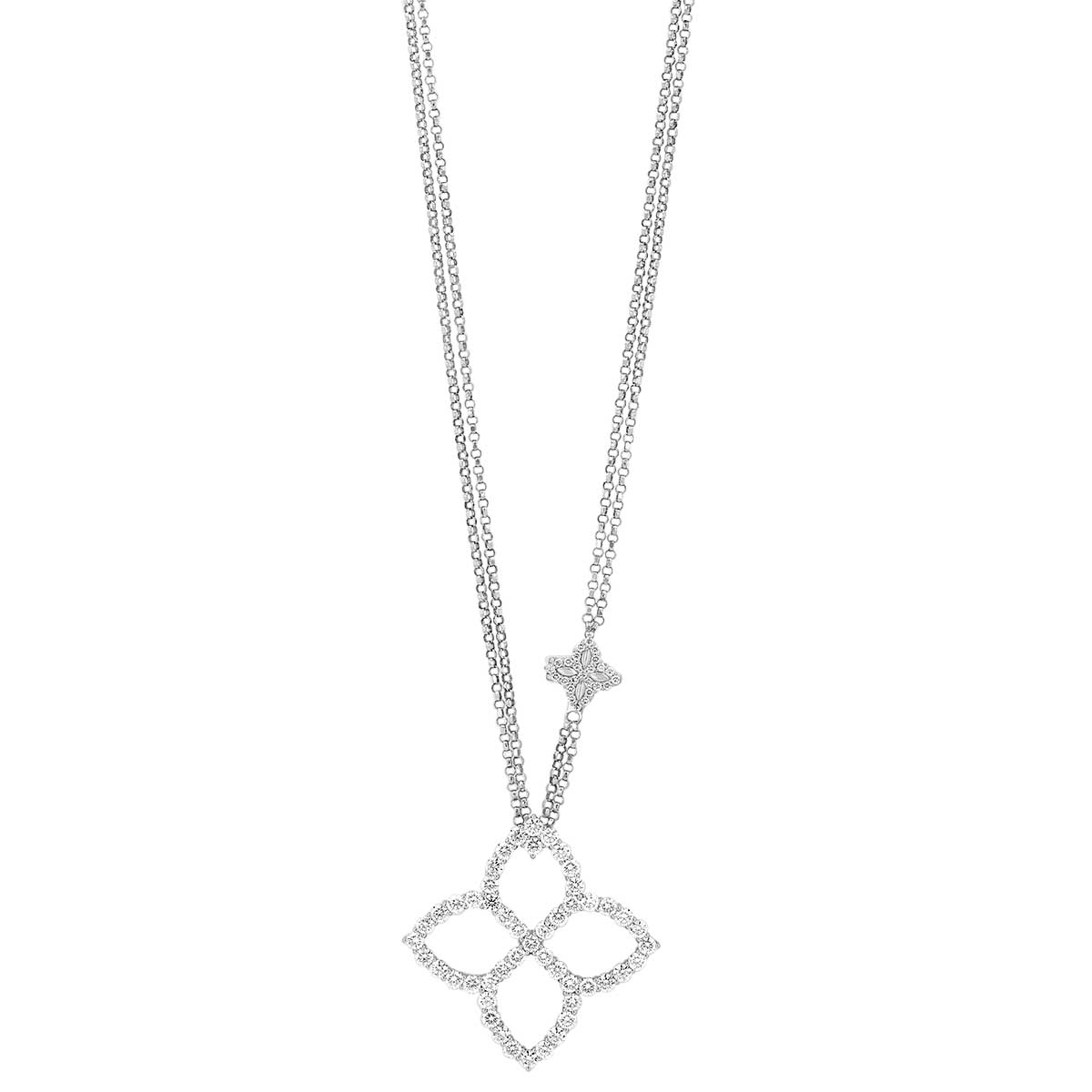 Roberto Coin Princess Flower Diamond Pendant with Flower Chain Accent in White Gold, 33