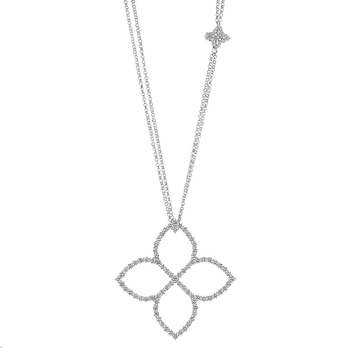 Roberto Coin Princess Flower Diamond Large Pendant with Flower Chain Accent in White Gold, 33