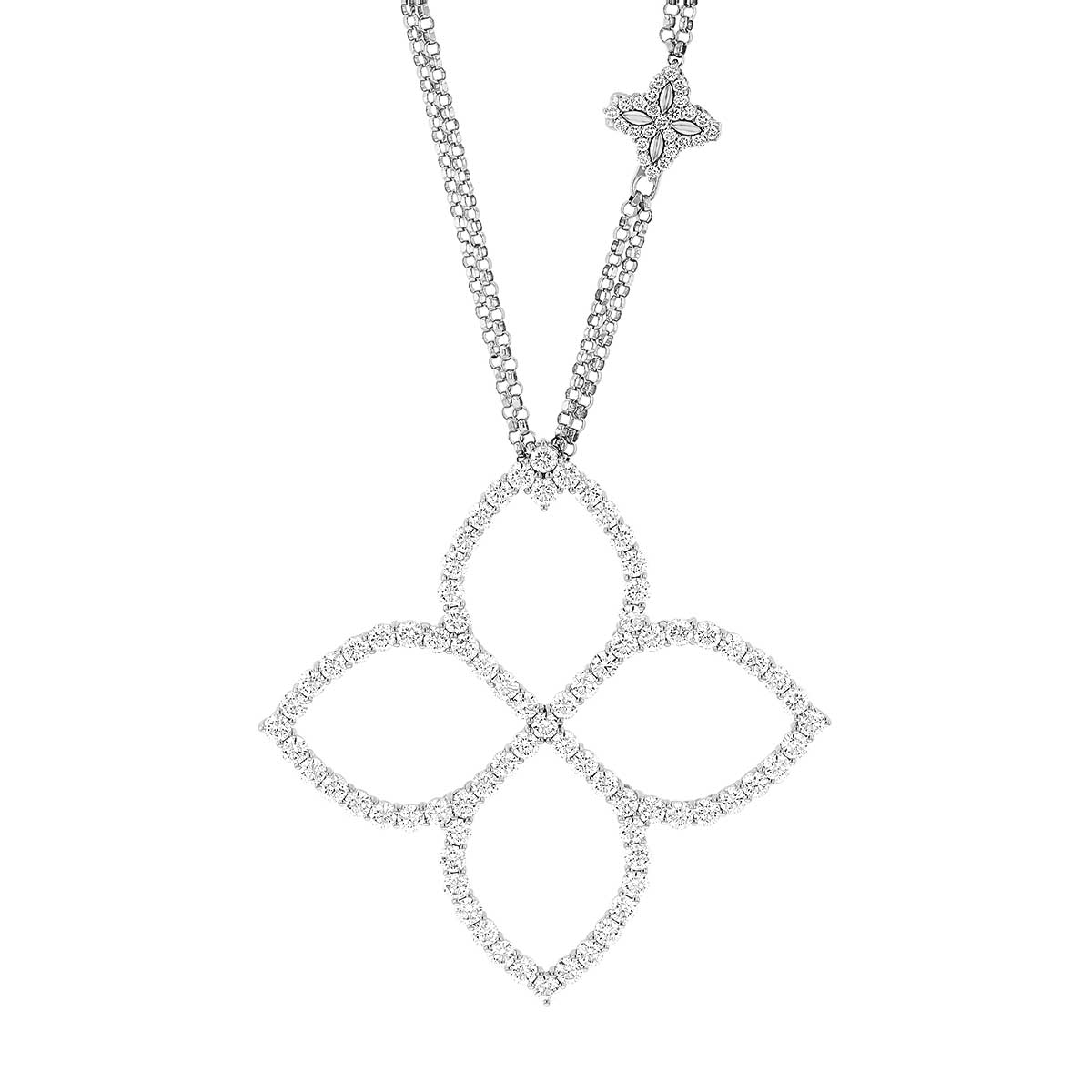 Roberto Coin Princess Flower Diamond Large Pendant with Flower Chain Accent in White Gold, 33
